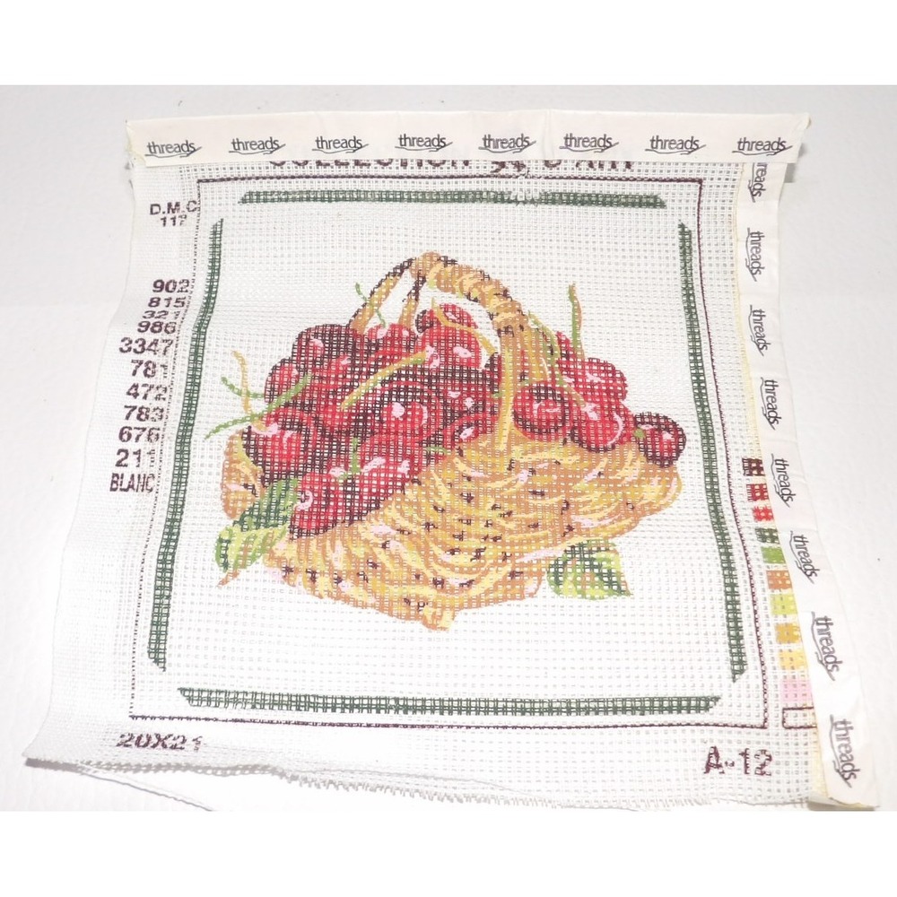 Threads Vintage Needlepoint Canvas Printed Cherry Basket Still Life DMC A-12